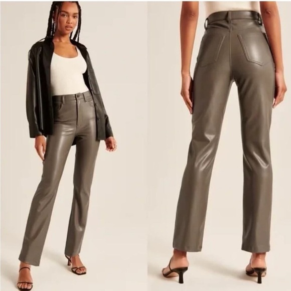 Abercrombie & Fitch '90s Straight Ultra High Rise Faux Leather Pant Olive Brown - Picture 11 of 11